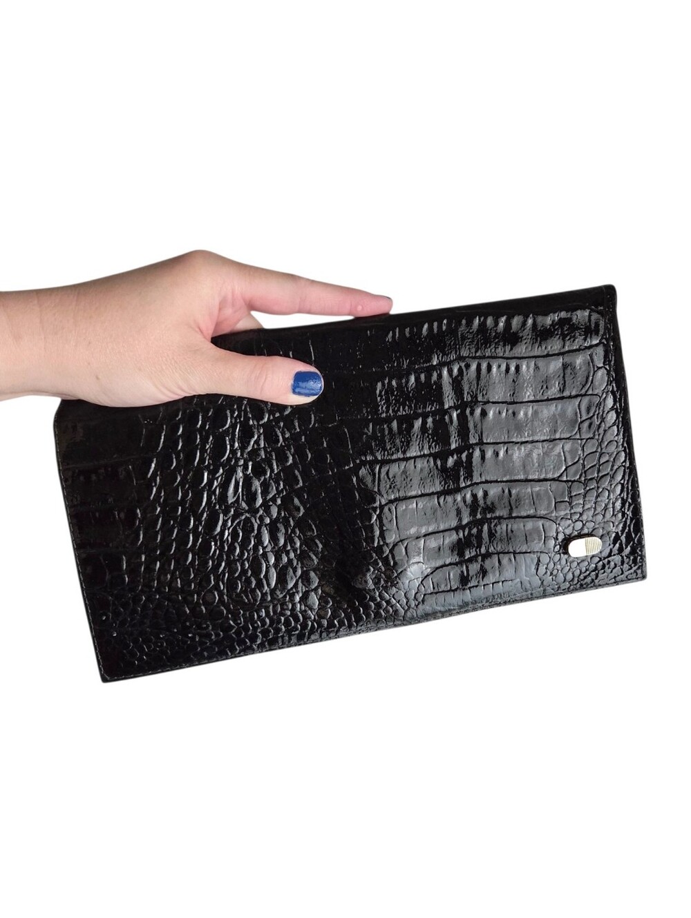 Vintage 70s black patent leather crocodile embossed clutch handbag made in Italy